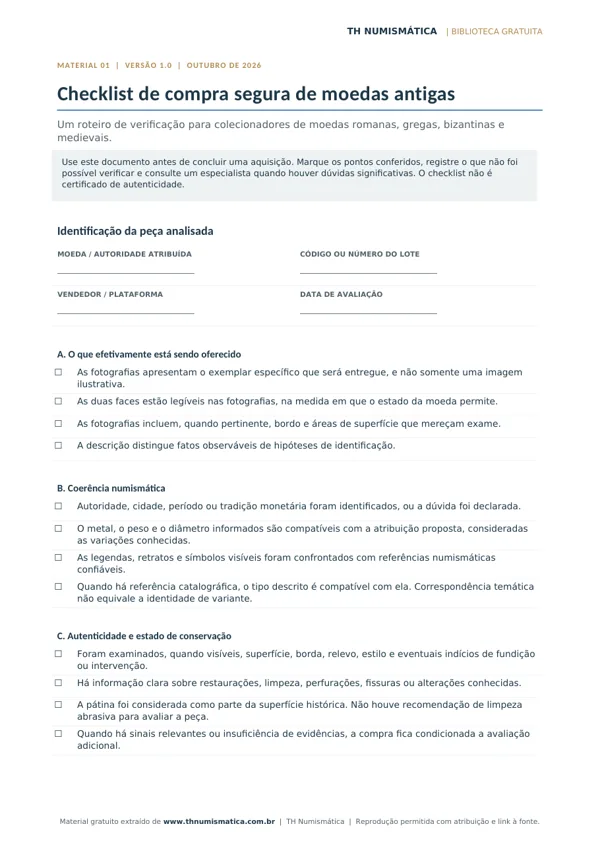 Primeira página: Checklist de compra segura de moedas antigas