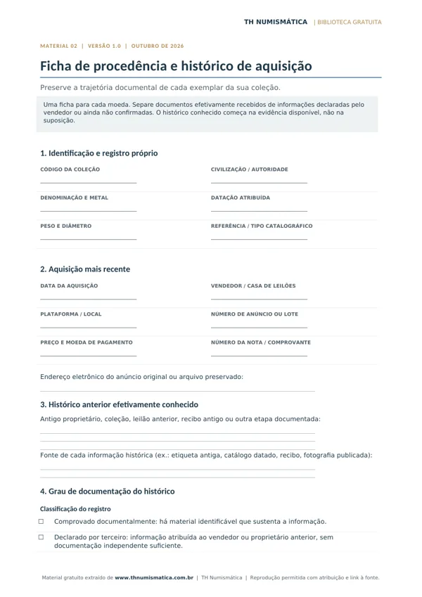 Primeira página: Ficha de procedência e histórico de aquisição