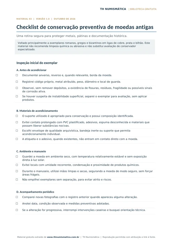 Primeira página: Checklist de conservação preventiva de moedas antigas